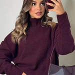 Burgundy ribbed knit turtleneck sweater, loose fit long sleeves