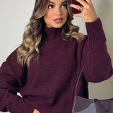 Burgundy ribbed knit turtleneck sweater, loose fit long sleeves