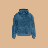 Fleece hoodie pullover in medium blue, front view with kangaroo pocket and hood.