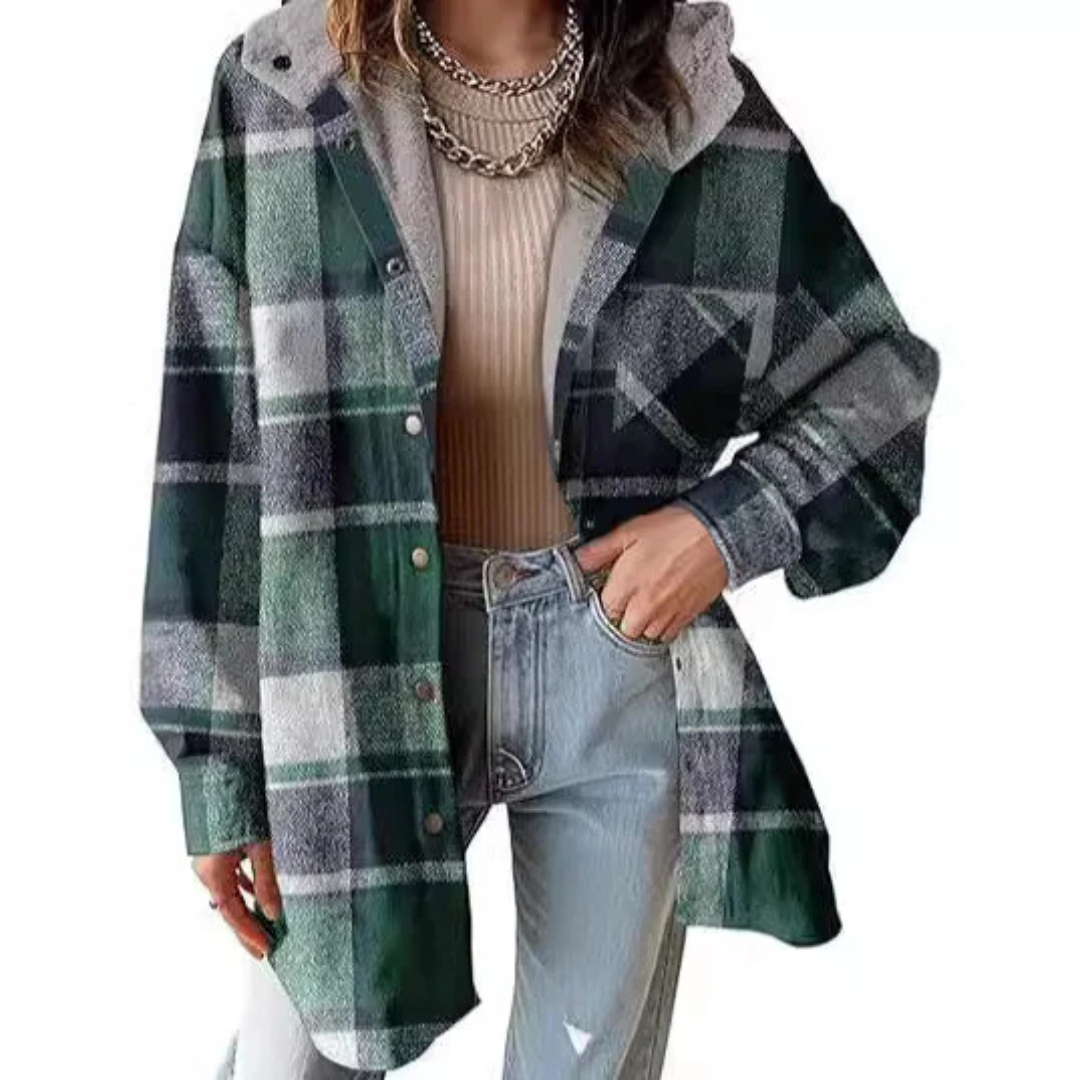 Plaid hooded shacket jacket with sherpa-lined collar, green and dark gray plaid, button front