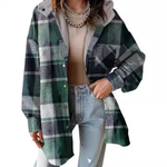 Plaid hooded shacket jacket with sherpa-lined collar, green and dark gray plaid, button front