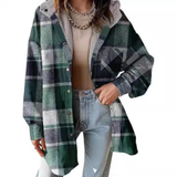 Plaid hooded shacket jacket with sherpa-lined collar, green and dark gray plaid, button front