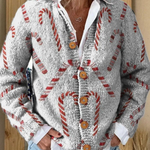 Festive candy-cane print button cardigan sweater, open V-neck with wooden-look buttons