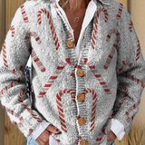 Festive candy-cane print button cardigan sweater, open V-neck with wooden-look buttons