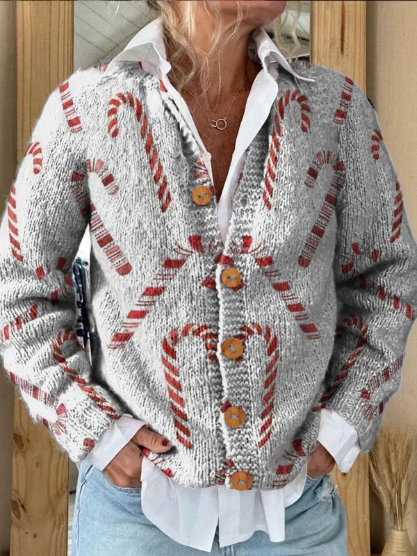 Festive candy-cane print button cardigan sweater, open V-neck with wooden-look buttons