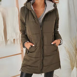 Olive green hooded puffer down jacket with front zipper and side pockets