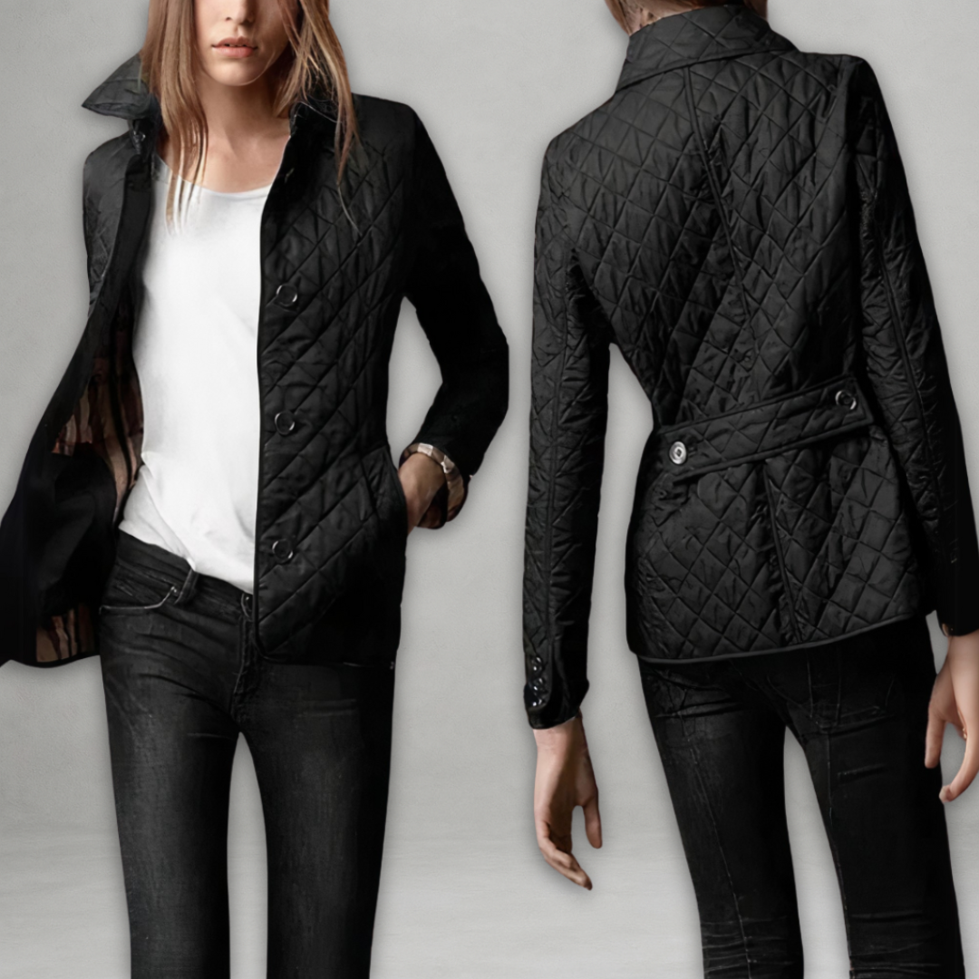 Evelyn™ diamond-quilted black autumn jacket with button front and waist belt