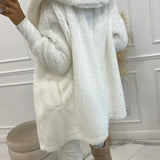 Plush hooded jacket, white, full-length design with button-front and hood