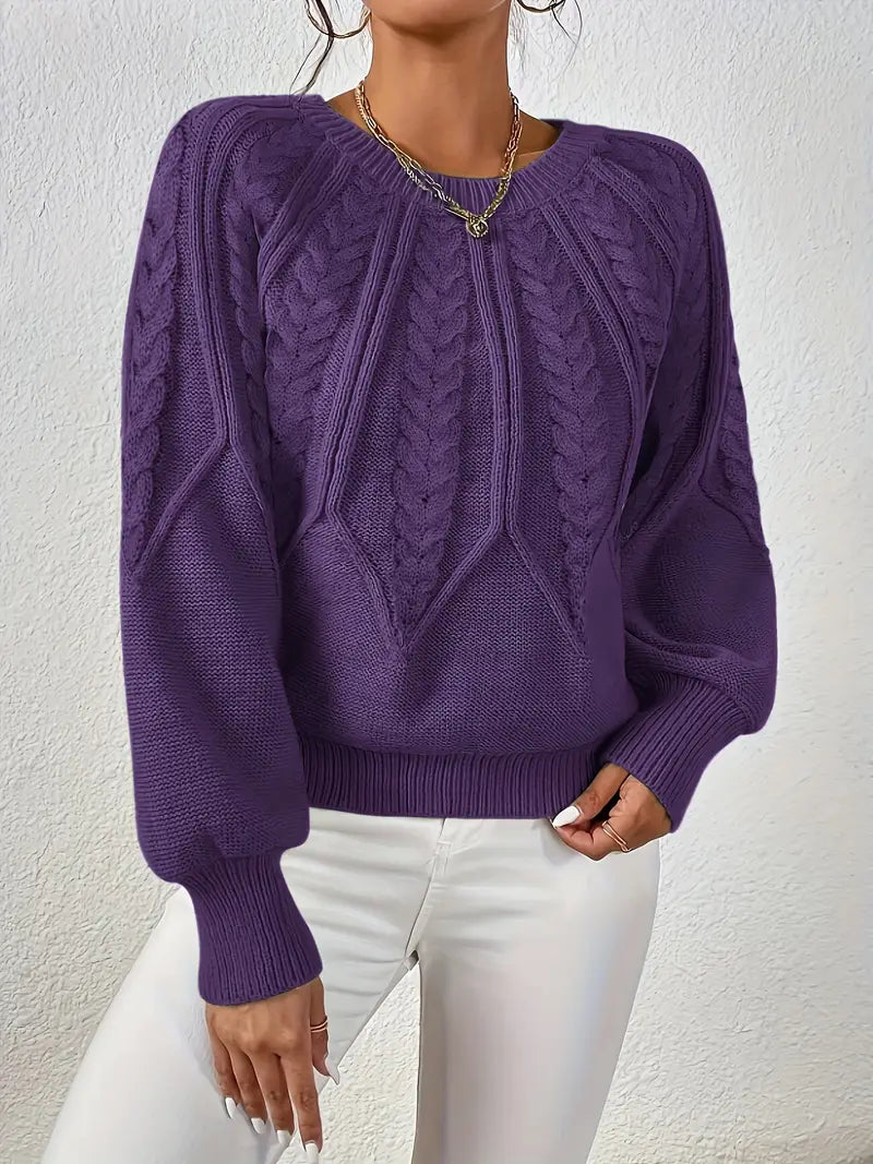 Jane™ cable-knit pullover sweater in purple with long sleeves and crew neck