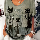 Sue™ - Lässiges T-Shirt mit Katzenmotiv