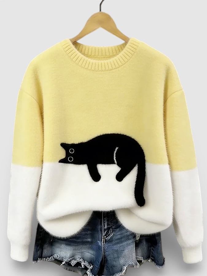 Yellow and white two-tone sweatshirt with black cat graphic on the front