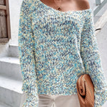 Loose knit pullover sweater with long sleeves, blue-and-white speckled knit texture