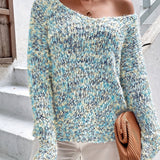 Loose knit pullover sweater with long sleeves, blue-and-white speckled knit texture
