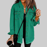 Green denim-style button-up jacket with flap chest pockets and frayed hem