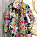 Women's vintage floral quilted jacket, multicolor with snap buttons and stand collar.