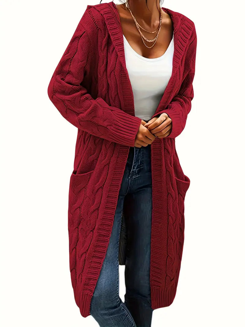 Women’s longline cable knit cardigan in dark red, open front with shawl collar