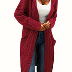 Women’s longline cable knit cardigan in dark red, open front with shawl collar