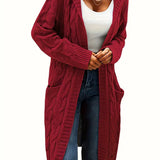 Women’s longline cable knit cardigan in dark red, open front with shawl collar
