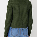 Womens knit cardigan back view, dark green textured stitch with button placket