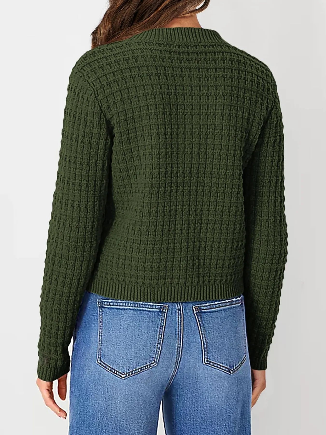Womens knit cardigan back view, dark green textured stitch with button placket