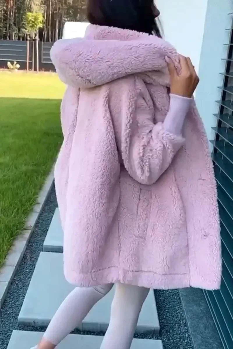 Plush hooded coat, light lavender, full length with hood and button details