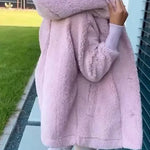 Plush hooded coat, light lavender, full length with hood and button details