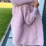 Plush hooded coat, light lavender, full length with hood and button details