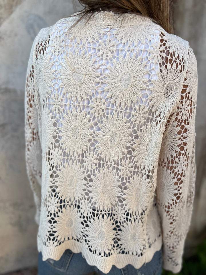White lace cardigan back with allover daisy crochet pattern and long sleeves