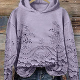 Lavender hoodie with floral embroidered eyelet lace hem and scalloped front panel