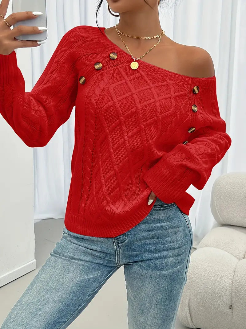 Red cable-knit long-sleeve sweater with dropped-shoulder look and gold button accents