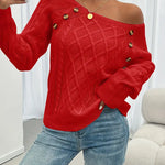 Red cable-knit long-sleeve sweater with dropped-shoulder look and gold button accents