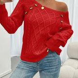 Red cable-knit long-sleeve sweater with dropped-shoulder look and gold button accents