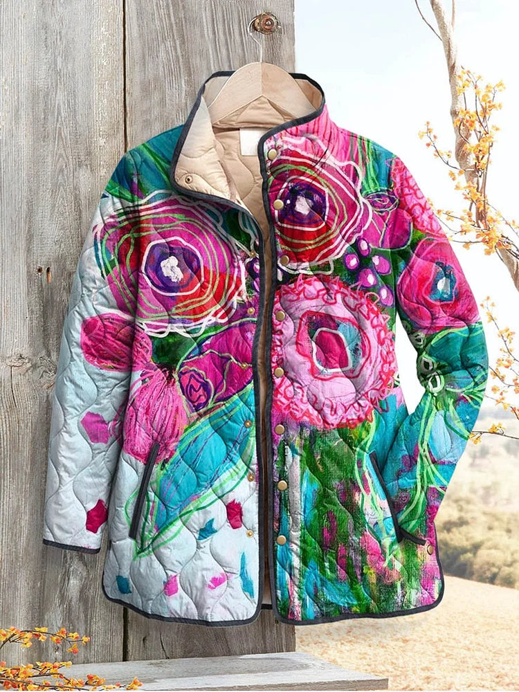 Feminine Charmante floral-pattern puffer jacket with button front and hood, multicolor