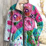 Feminine Charmante floral-pattern puffer jacket with button front and hood, multicolor
