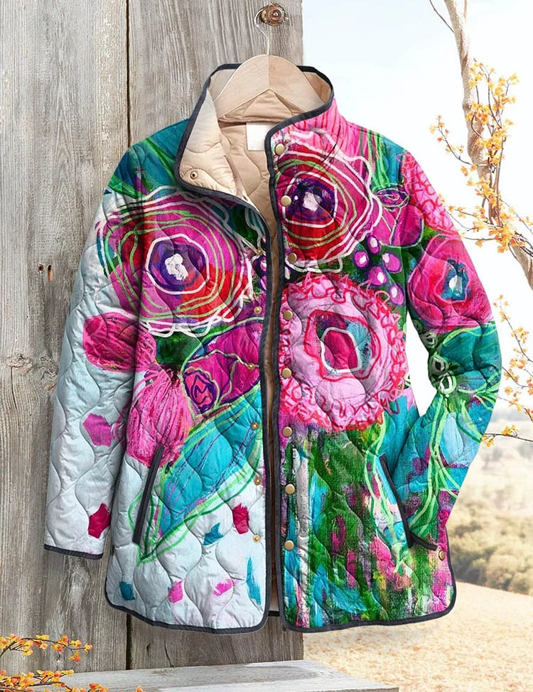 Feminine Charmante floral-pattern puffer jacket with button front and hood, multicolor