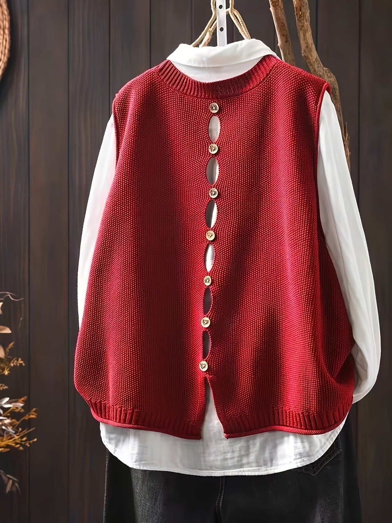Red sleeveless knit cardigan with vertical button placket and ribbed collar and hem