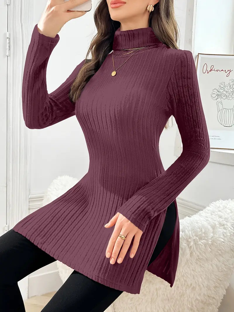 Ribbed knit turtleneck sweater in plum, fitted long sleeves with side slit hem