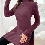 Ribbed knit turtleneck sweater in plum, fitted long sleeves with side slit hem