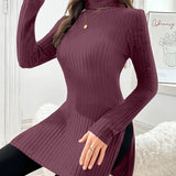 Ribbed knit turtleneck sweater in plum, fitted long sleeves with side slit hem