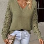 Olive green long-sleeve V-neck knit sweater with lace-textured sleeve panels