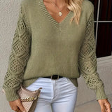 Olive green long-sleeve V-neck knit sweater with lace-textured sleeve panels