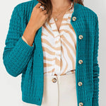 Teal textured knit cardigan with wood-style buttons and open collar detail, side view