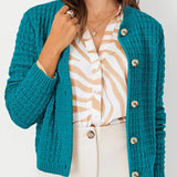 Teal textured knit cardigan with wood-style buttons and open collar detail, side view