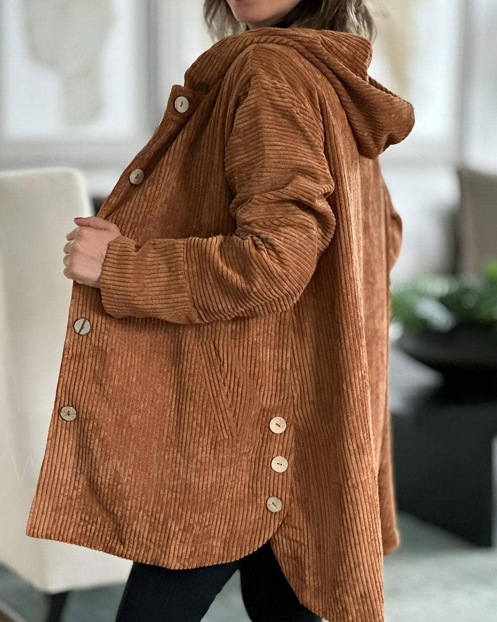 Tan-brown corduroy hooded jacket with button front and side pockets