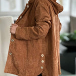 Tan-brown corduroy hooded jacket with button front and side pockets