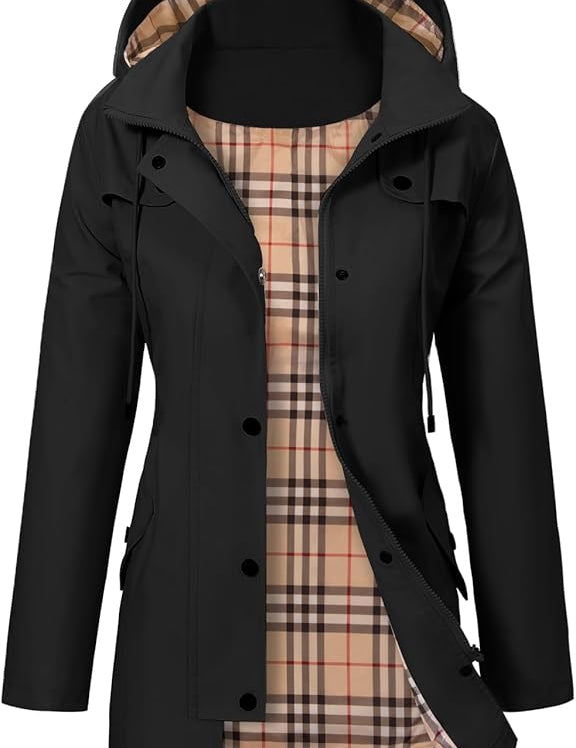 Francesca women's hooded parka in black, button front, pockets, plaid lining
