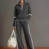 Vintage-inspirierter grauer und weißer Halbzip-Sweatshirt mit weitem Hosen-Set