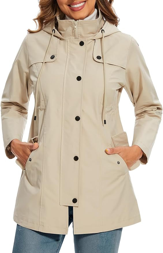Francesca women's hooded parka in light beige, button front and side pockets