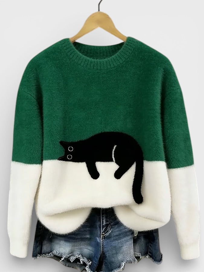 Green and white two-tone sweatshirt with black cat graphic on the front