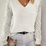 Wendy long-sleeve V-neck sweater in cream with open-knit lace sleeves